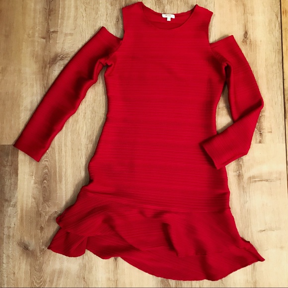 Shoshanna Red Ottoman Jacquard Dress cold shoulder - Picture 7 of 8